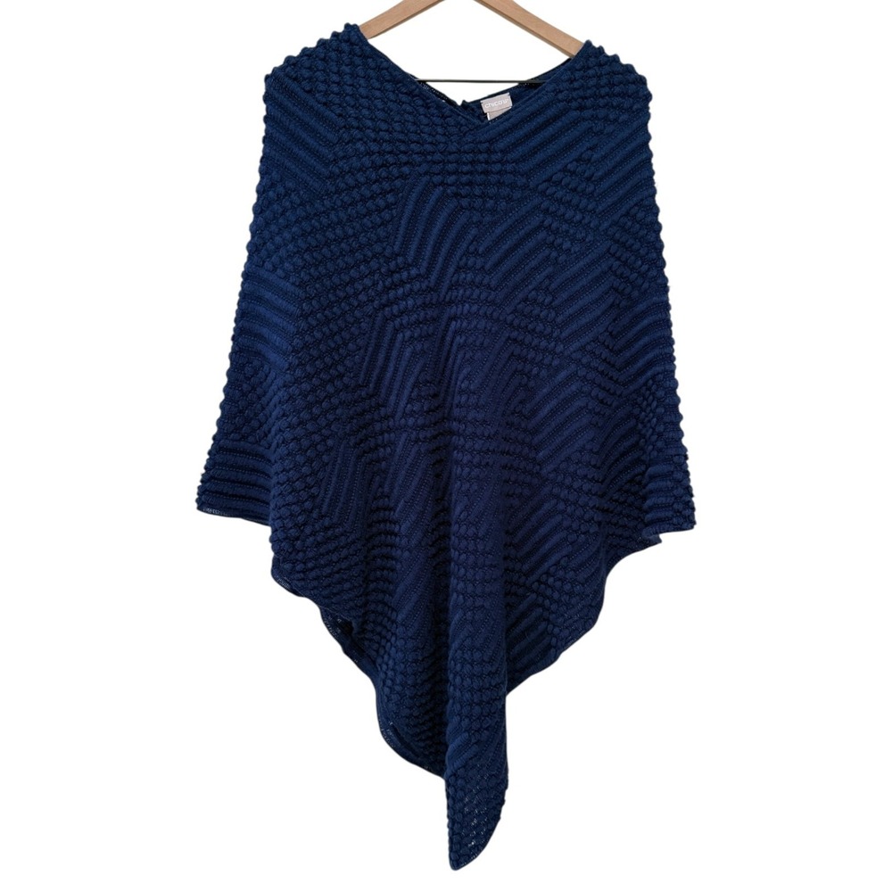 Chicos Women Poncho Top Size L/XL Navy Blue Asymmetrical Hem Textured Knit Boho